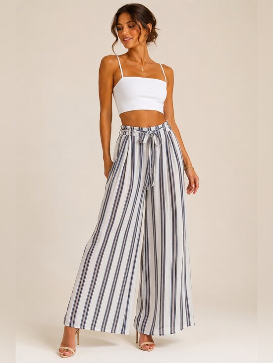 Simplee Apparel Pants - Simplee White Stripe Wide Leg Palazzo Pants Tie Waist Resort Beach Pants Size S
